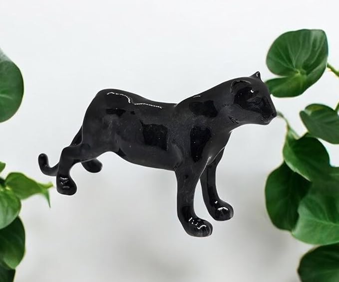 WitnyStore Tiny 4" Black Standing Panther Figurine - Miniature Hand Made Ceramic Panthera Wild Cats Lion Tiger Jaguar Leopard Panthers Animal Small Porcelain Decorative Collectible Figures Décor Gifts