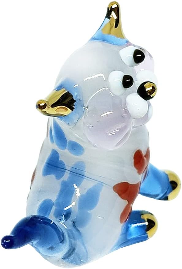 Tiny 1½" White Blue Red Sitting Look Right Cat Figurine Miniature Hand Blown Glass Cats Kitten Feline Animals Cute Colorful Crystal Decorative Collectible Figurines Décor Gifts