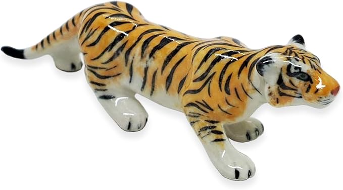 WitnyStore Tiny 3" Orange Ambushing Tiger Figurine - Miniature Hand Made Ceramic Panthera Wild Cats Lion Tigers Jaguar Leopard Panthers Animal Small Porcelain Decorative Collectible Figure Décor Gifts