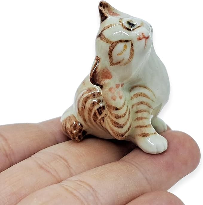 WitnyStore Tiny 1½" Brown White Tabby Shorthair Cat Scratching Ear Figurine - Miniature Hand Made Painted Ceramic Cats Kitten Feline Animal Cute Porcelain Decorative Collectible Figurines Décor Gifts