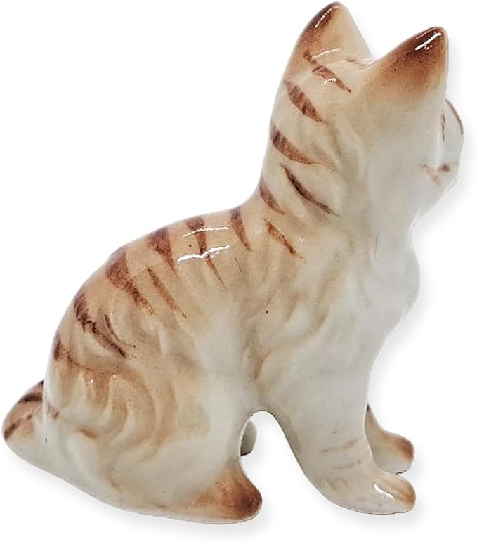 WitnyStore Tiny 1⅛" Light Brown Tabby Shorthair Cat Sitting Look Left Figurine - Miniature Hand Made Painted Ceramic Cats Kitten Feline Animal Cute Porcelain Decorative Collectible Figures Décor Gifts