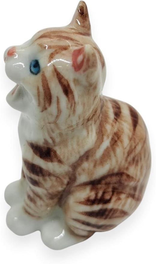 WitnyStore Tiny 1⅜" Long Brown White Tabby Shorthair Cat Sitting Yawn Figurine - Miniature Hand Made Painted Ceramic Cats Kitten Feline Animal Cute Porcelain Decorative Collectible Figures Décor Gifts