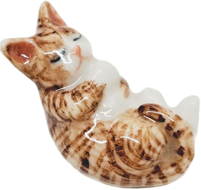 WitnyStore Tiny 1" Long Brown White Tabby Shorthair Cat Sleeping Figurine - Miniature Hand Made Painted Ceramic Cats Kitten Feline Animal Cute Porcelain Decorative Collectible Figurines Décor Gifts