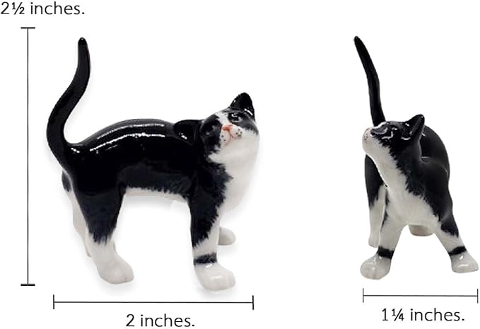 WitnyStore Tiny 2" Long Black White Tuxedo Cat Standing Look Up Figurine - Miniature Hand Made Painted Ceramic Cats Kitten Feline Animals Cute Porcelain Decorative Collectible Figurines Décor Gifts