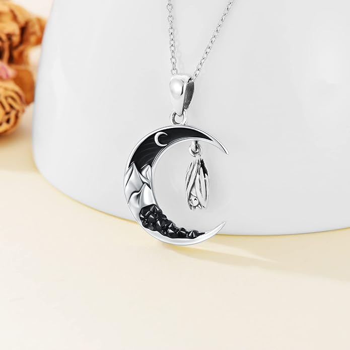 Gothic Jewelry Bat/Cat/Wolf/Dragon/Owl/Fox/Spider/Sun Pendant Sterling Silver Crescent Moon Necklace for Women Girls Black Jewelry Gifts