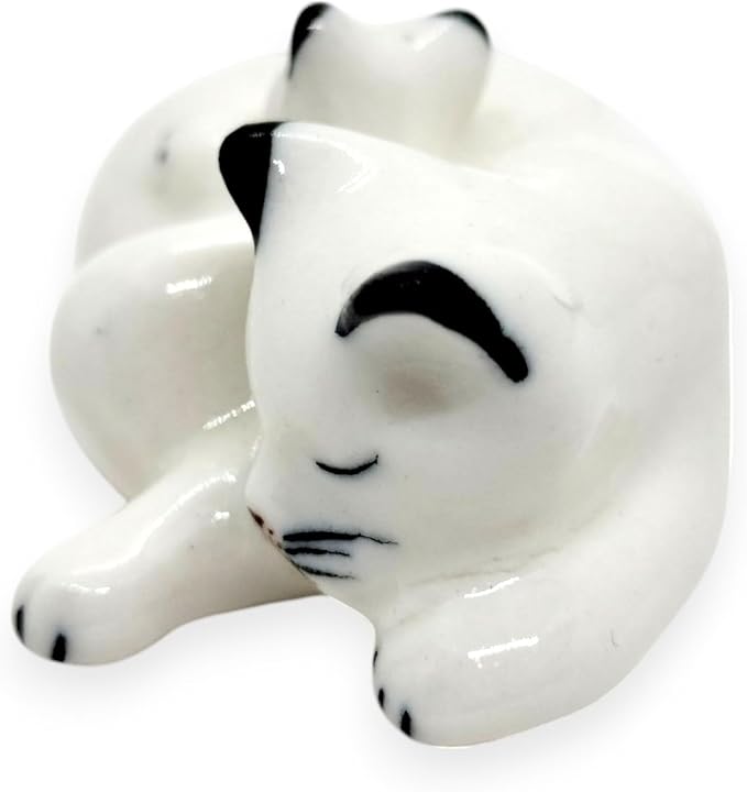 WitnyStore Tiny 1½" White Black Pointed Shorthair Cat Mom Baby Sleeping Figurine - Miniature Hand Made Painted Ceramic Cats Kitten Feline Animal Cute Porcelain Decorative Collectible Figure Décor Gift