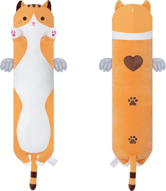 Long Cat Plush Body Pillow, Cute Cat Plush Toy Pillows with Wings, Stuffed Animals Kitten Soft Plushies Gifts for Kids Girls Girlfriend(Yellow, 19.6in/50cm)