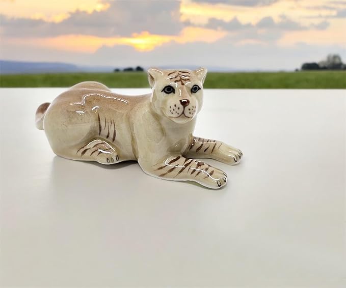 WitnyStore Tiny 2¾" Brown Lying Liger Figurine - Miniature Hand Made Ceramic Panthera Wild Cats Lion Tiger Jaguar Leopard Panthers Animals Small Porcelain Decorative Collectible Figures Décor Gifts