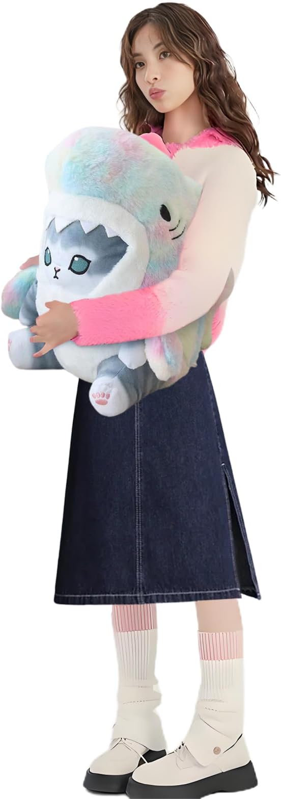 Kawaii Shark Cat Plush Toy Stuffed Animal Doll, Cute Soft Pillow Stress Release Hugs Toys Christmas Halloween Birthday Gifts for Kids Boys Girl Best Gift (Colorful - Gray,19 inch)