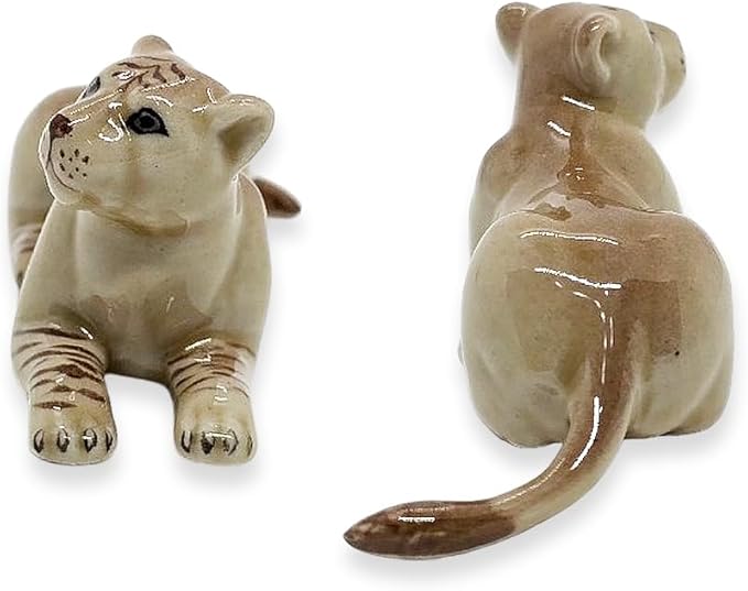 WitnyStore Tiny 2¾" Brown Lying Liger Figurine - Miniature Hand Made Ceramic Panthera Wild Cats Lion Tiger Jaguar Leopard Panthers Animals Small Porcelain Decorative Collectible Figures Décor Gifts