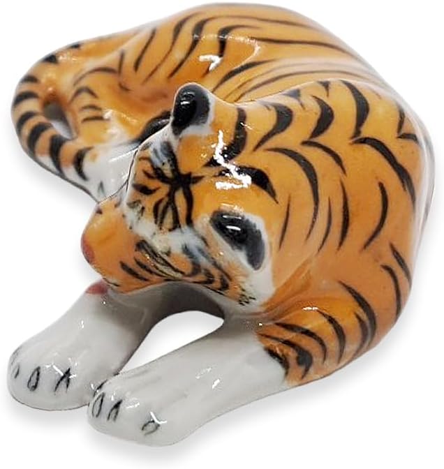 WitnyStore Tiny 2¼" Orange Tiger Licking Leg Figurine - Miniature Hand Made Ceramic Panthera Wild Cats Lion Jaguar Leopard Panthers Animals Small Porcelain Decorative Collectible Figures Décor Gifts