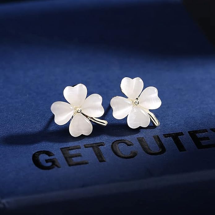 Green Cat Eye's Clover Flower Earrings for Women Girls 925 Sterling Silver Post Pin Hypoallergenic Lucky Love Heart 4 Leaf Petal Small Cute Studs Earring Dainty Gifts for Mother Sister Aunt