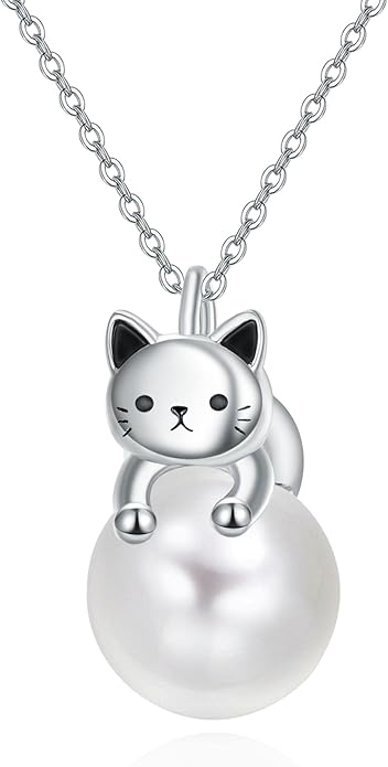 Dreamboat Cat Pearl Necklace for Women - 925 Sterling Silver Kitten Pendant - Cute Animals Jewelry