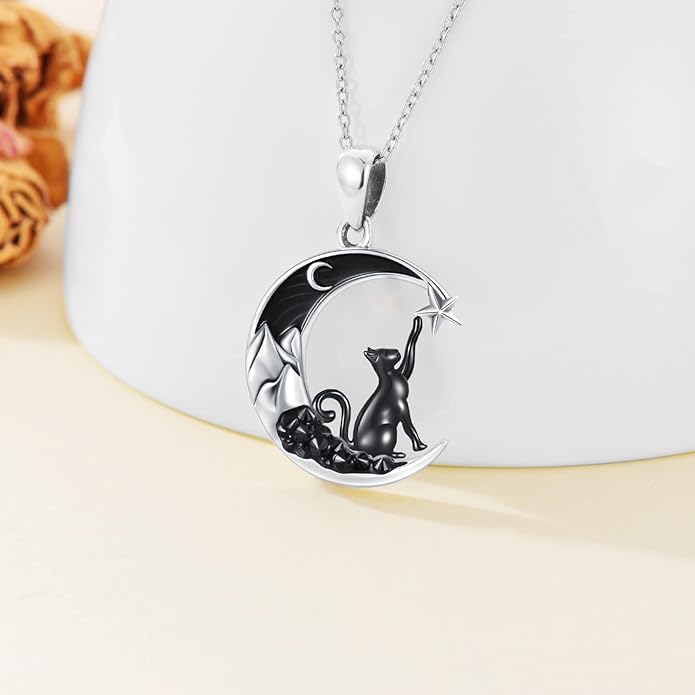 Gothic Jewelry Bat/Cat/Wolf/Dragon/Owl/Fox/Spider/Sun Pendant Sterling Silver Crescent Moon Necklace for Women Girls Black Jewelry Gifts