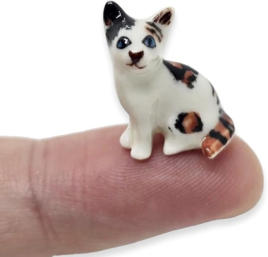 WitnyStore Tiny ¾ Inch Calico Tricolor Shorthair Cat Sitting Figurine - Miniature Hand Made Painted Ceramic Cats Kitten Feline Animal Cute Porcelain Decorative Collectible Figurines Décor Gifts
