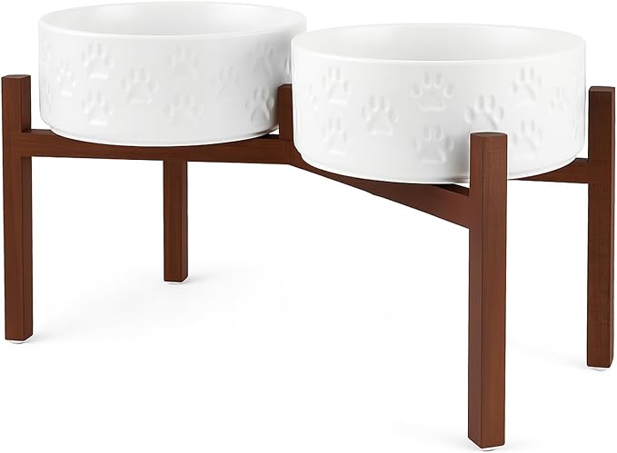 SPUNKYJUNKY Ceramic Elevated Dog Bowl Set with Acacia Wood Stand for Food and Water for Large Dogs (60.87 OZ, White, Dog Paw Pattern)