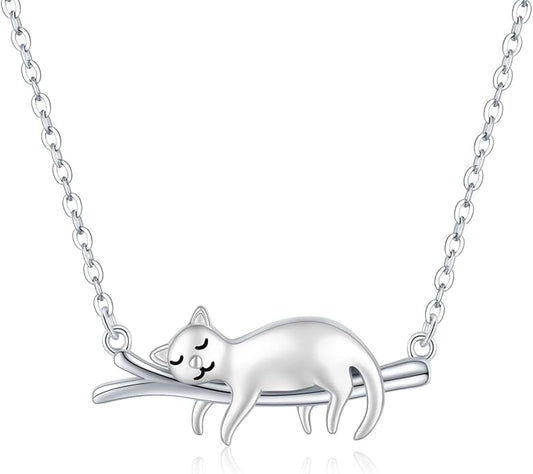 JUSTKIDSTOY Sterling Silver Cute Animal Pendant Necklace with Crystal Cat Pendant - Women's Cat Lovers Jewelry Gift