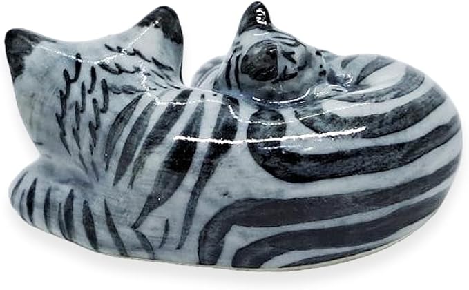 WitnyStore Tiny 1¼" Gray Tabby Shorthair Cat Mom and Baby Sleeping Figurine - Miniature Hand Made Painted Ceramic Cats Kitten Feline Animal Cute Porcelain Decorative Collectible Figurines Décor Gifts