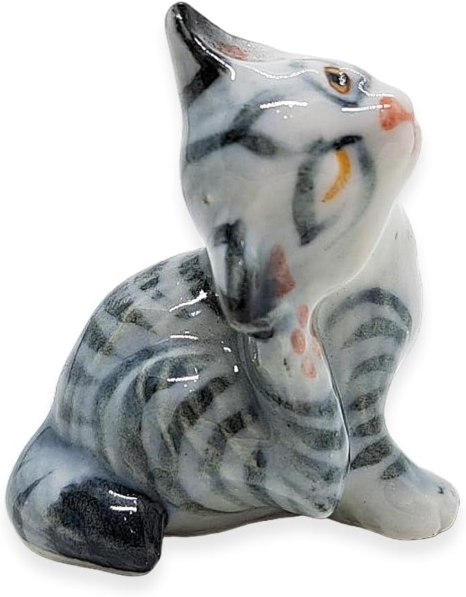 WitnyStore Tiny 1½" Gray White Tabby Shorthair Cat Scratching Ear Figurine - Miniature Hand Made Painted Ceramic Cats Kitten Feline Animal Cute Porcelain Decorative Collectible Figurines Décor Gifts