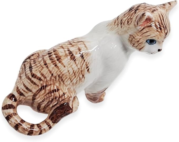 WitnyStore Tiny 2¼" Brown White Tabby Shorthair Cat Sitting Look Right Figurine - Miniature Hand Made Painted Ceramic Cats Kitten Feline Animal Cute Porcelain Decorative Collectible Figure Décor Gifts
