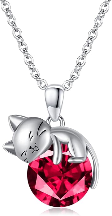 LONAGO Cat Necklace with Birthstone 925 Sterling Silver Cat Pendant Necklace Gift for Women
