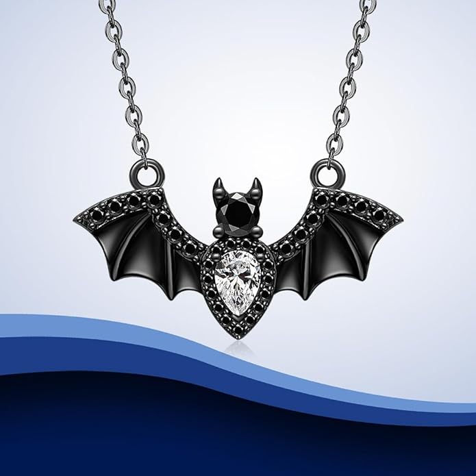 Halloween Bat Necklace for Women Sterling Silver Black Bat Pendant Necklace Gothic Flying Animal