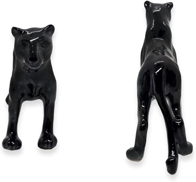 WitnyStore Tiny 4" Black Standing Panther Figurine - Miniature Hand Made Ceramic Panthera Wild Cats Lion Tiger Jaguar Leopard Panthers Animal Small Porcelain Decorative Collectible Figures Décor Gifts