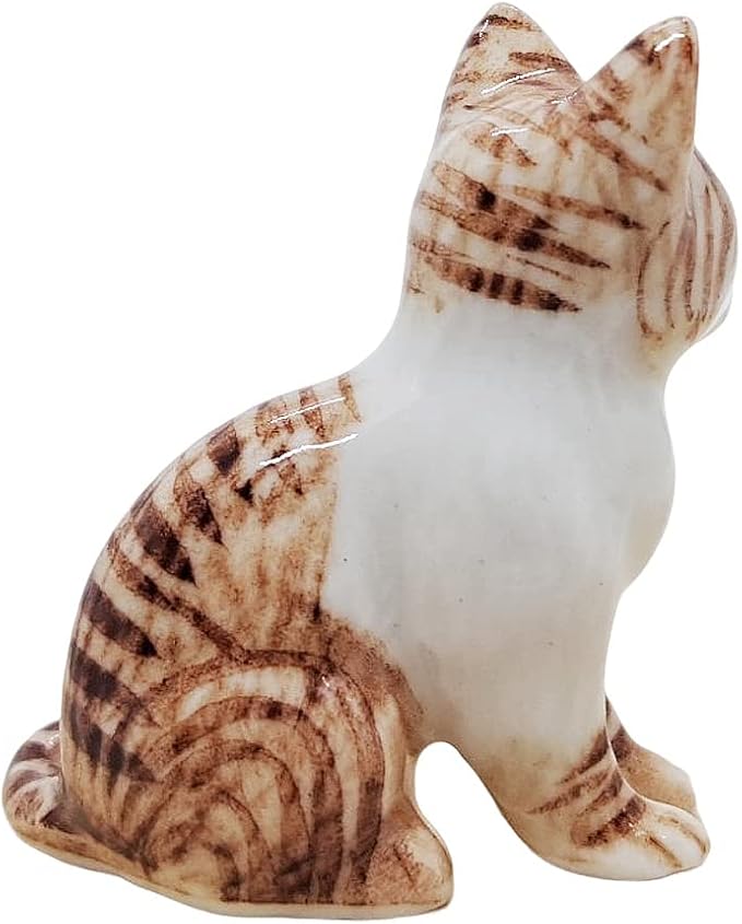 WitnyStore Tiny 1¼" White Brown Tabby Shorthair Cat Sitting Look Left Figurine - Miniature Hand Made Painted Ceramic Cats Kitten Feline Animal Cute Porcelain Decorative Collectible Figures Décor Gifts