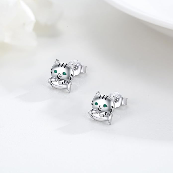 925 Sterling Silver Cat Earrings Cute Animal Kitten Stud Earrings cat Jewelry Gifts for Women Girls Hypoallergenic Earrings for Sensitive Ears