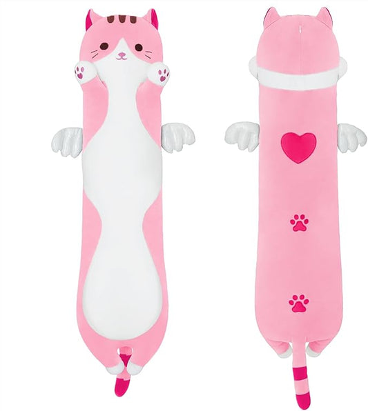 Long Plush Toy Cat Pillow Cute Plush Cat Toy Doll Stuffed Animal Cat Hugging Pillow for Sleeping Gift for Kids and Girls(Pink,70cm/27.5in)