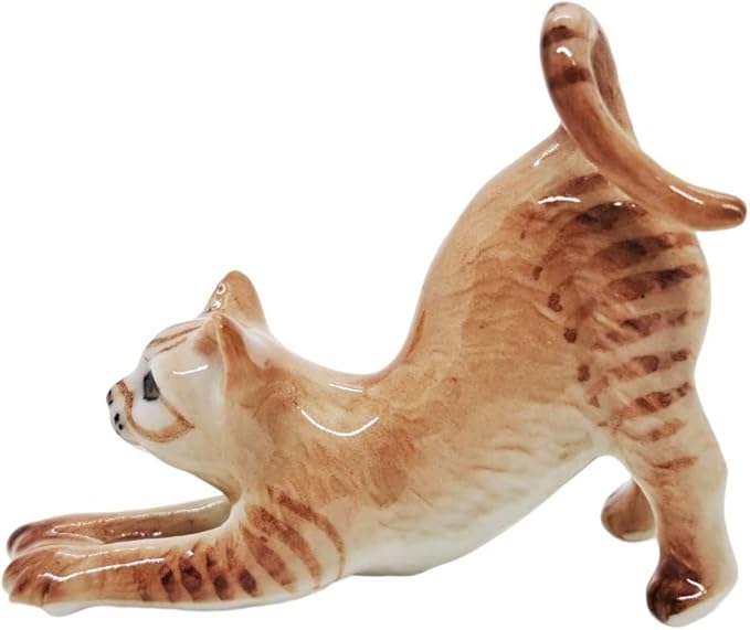 WitnyStore Tiny 2¼" Long Brown Tabby Shorthair Cat Stretching Figurine - Miniature Hand Made Painted Ceramic Cats Kitten Feline Animal Cute Porcelain Decorative Collectible Figurines Décor Gifts