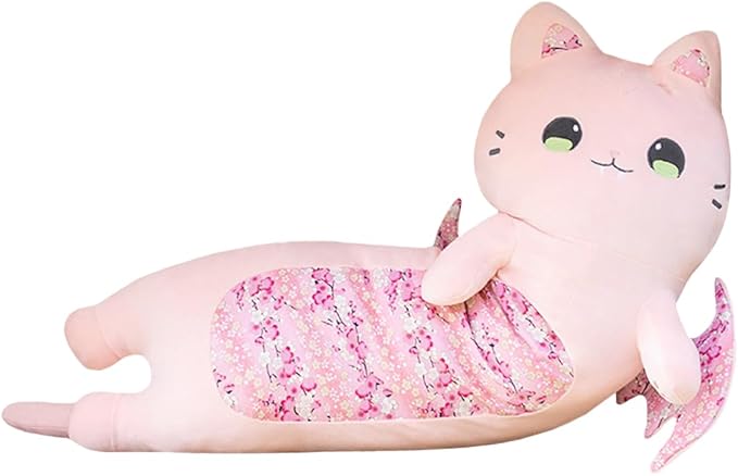 ELAINREN Long Bat Cat Plush Body Pillow Crazy Stuffed Pink Cat with Wings Halloween Large Bat Cat Plushie Toy Gifts/23.6''