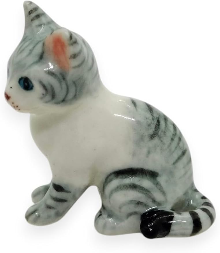 WitnyStore Tiny 1⅜" High White Gray Tabby Shorthair Cat Sitting Figurine - Miniature Hand Made Painted Ceramic Cats Kitten Feline Animals Cute Porcelain Decorative Collectible Figures Décor Gifts