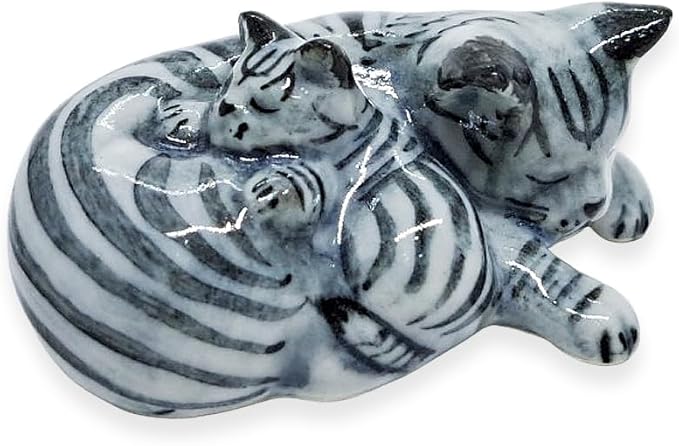 WitnyStore Tiny 1¼" Gray Tabby Shorthair Cat Mom and Baby Sleeping Figurine - Miniature Hand Made Painted Ceramic Cats Kitten Feline Animal Cute Porcelain Decorative Collectible Figurines Décor Gifts