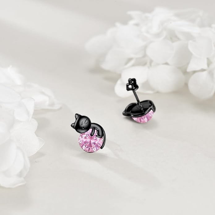 Sterling Silver Birthstone Black Cat Stud Earrings - Cat Birthstone Earrings for Women's Birthday Gift