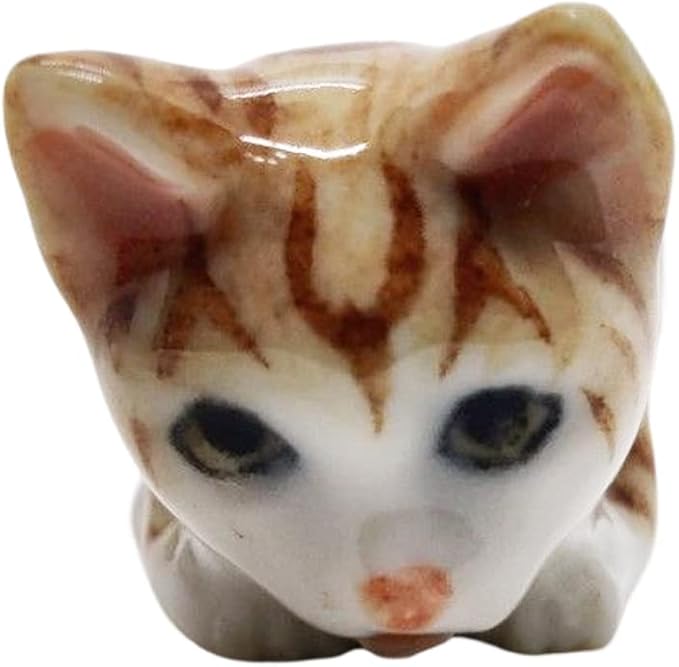 WitnyStore Tiny 1⅝" Long Brown White Tabby Shorthair Cat Crouching Figurine - Miniature Hand Made Painted Ceramic Cats Kitten Feline Animal Cute Porcelain Decorative Collectible Figures Décor Gifts