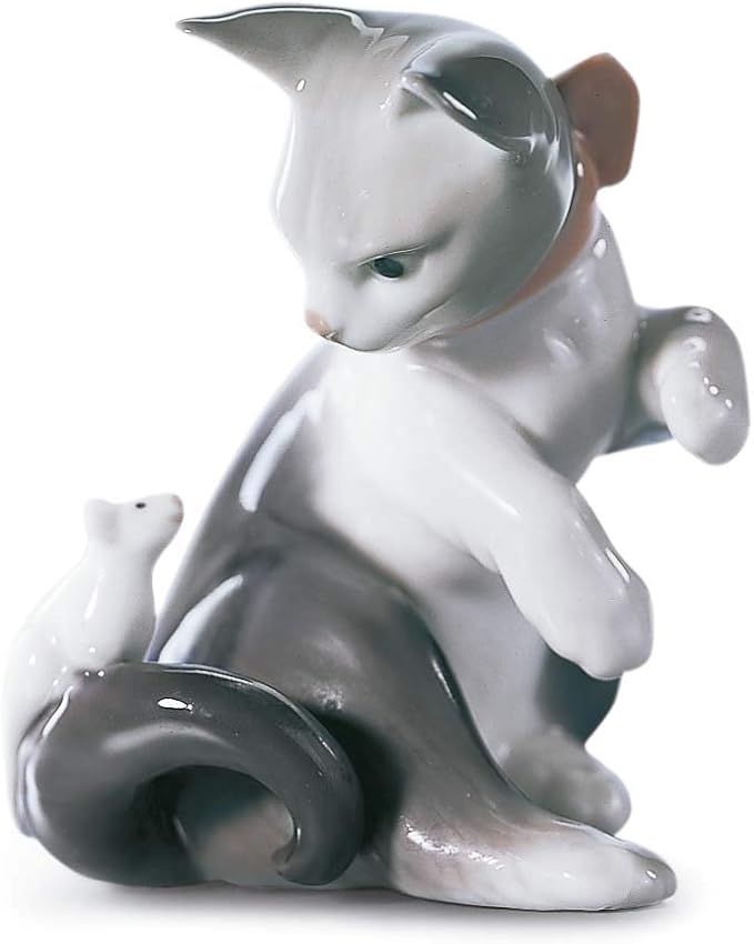 LLADRÓ Glossy Porcelain Figure Cat and Mouse in White and Gray. Decorative Kitten Porcelain Figurine.