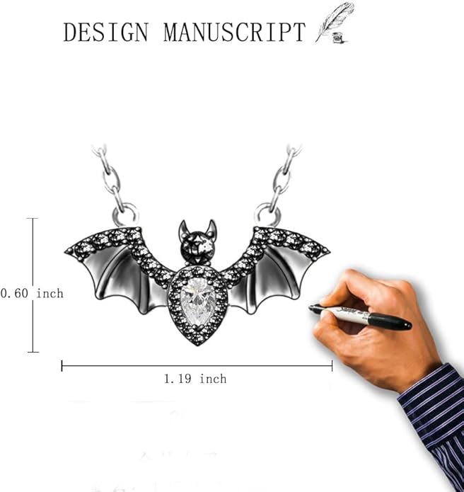 Halloween Bat Necklace for Women Sterling Silver Black Bat Pendant Necklace Gothic Flying Animal