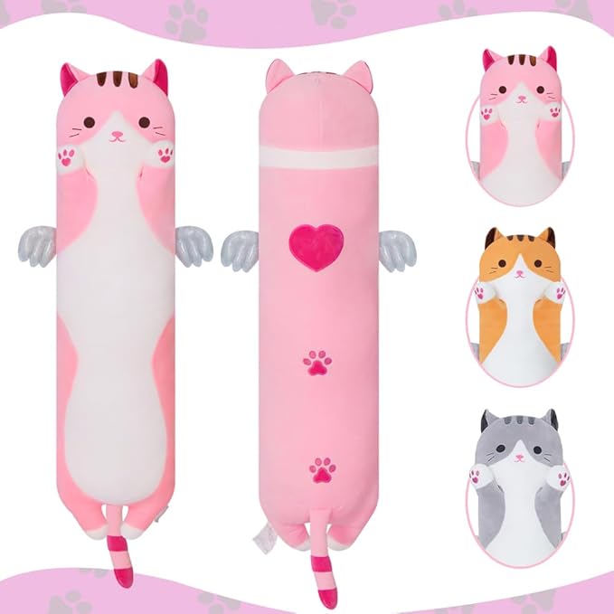 Long Cat Plush Body Pillow, Cute Cat Plush Toy Pillows with Wings, Stuffed Animals Kitten Soft Plushies Gifts for Kids Girls Girlfriend(Pink, 35.4in/90cm)