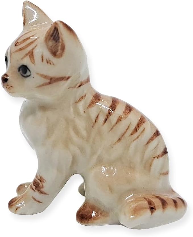 WitnyStore Tiny 1⅛" Light Brown Tabby Shorthair Cat Sitting Look Left Figurine - Miniature Hand Made Painted Ceramic Cats Kitten Feline Animal Cute Porcelain Decorative Collectible Figures Décor Gifts