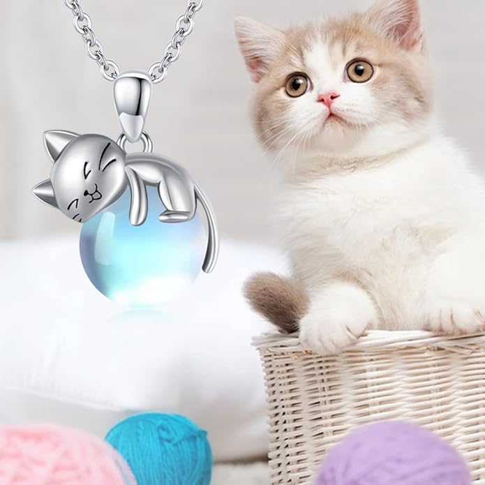 LONAGO Cat Necklace with Birthstone 925 Sterling Silver Cat Pendant Necklace Gift for Women