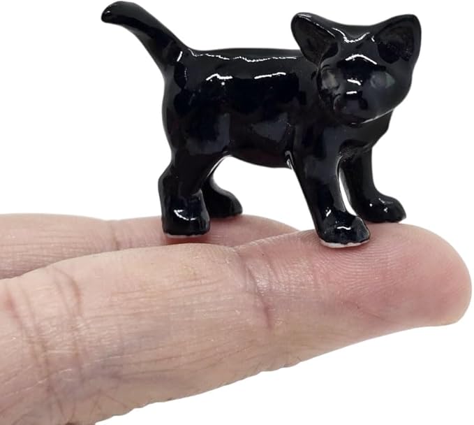 WitnyStore Tiny 1¼" Long Black White Cat Stand Look Left Figurine - Miniature Hand Made Painted Ceramic Cats Kitten Feline Animal Cute Porcelain Decorative Collectible Figurines Décor Gifts