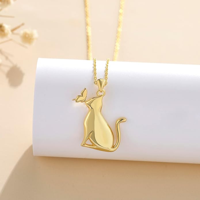 LONAGO Cat Necklace with Butterfly 925 Sterling Silver Cat Pendant Necklace Gift for Women