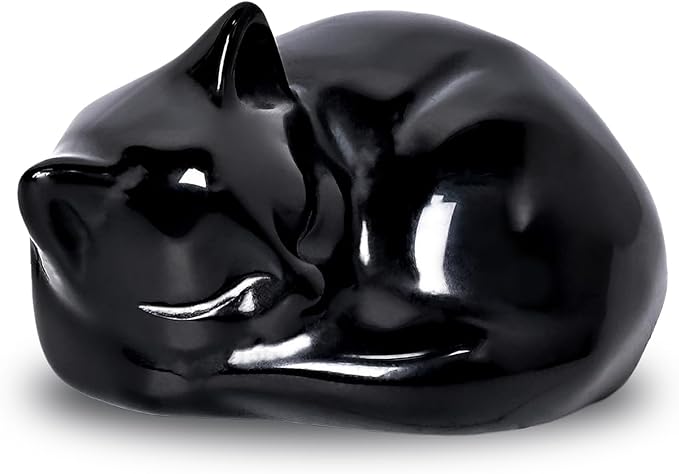 WHAL&YUNE Crystal Cat Figurine, 1PC Black Obsidian Cat, Natural Sleeping Cat Ornament Hand Carved Cat Statue Cat Home Decor Crystal Decoration for Cat Lovers, Gift 1.5"