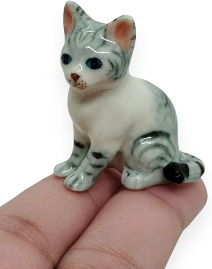 WitnyStore Tiny 1⅜" High White Gray Tabby Shorthair Cat Sitting Figurine - Miniature Hand Made Painted Ceramic Cats Kitten Feline Animals Cute Porcelain Decorative Collectible Figures Décor Gifts