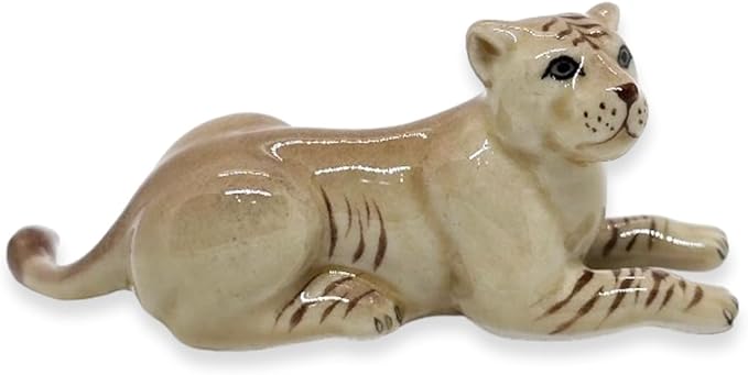 WitnyStore Tiny 2¾" Brown Lying Liger Figurine - Miniature Hand Made Ceramic Panthera Wild Cats Lion Tiger Jaguar Leopard Panthers Animals Small Porcelain Decorative Collectible Figures Décor Gifts