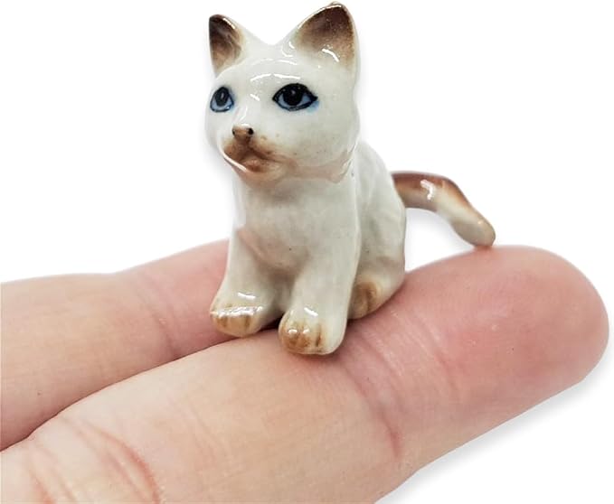 WitnyStore Tiny 1⅛" Long White Brown Pointed Shorthair Cat Sitting Figurine - Miniature Hand Made Painted Ceramic Cats Kitten Feline Animal Cute Porcelain Decorative Collectible Figurines Décor Gifts