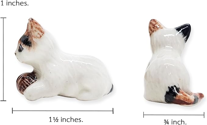 WitnyStore Tiny 1¾" Calico Tricolor Shorthair Cat Sitting Face Down Hold Ball Figurine - Miniature Hand Made Painted Ceramic Cats Kitten Animal Cute Porcelain Decorative Collectible Figure Décor Gifts