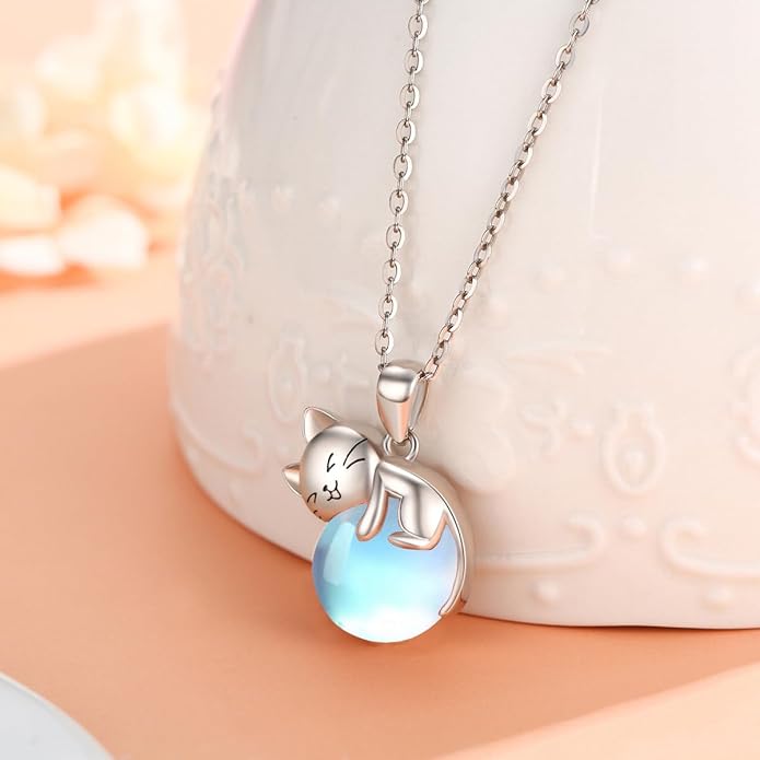 LONAGO Cat Necklace with Birthstone 925 Sterling Silver Cat Pendant Necklace Gift for Women