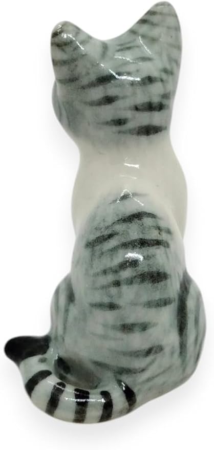 WitnyStore Tiny 1⅜" High White Gray Tabby Shorthair Cat Sitting Figurine - Miniature Hand Made Painted Ceramic Cats Kitten Feline Animals Cute Porcelain Decorative Collectible Figures Décor Gifts